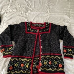 100% Wool Grey/Black/Red Floral Cardigan